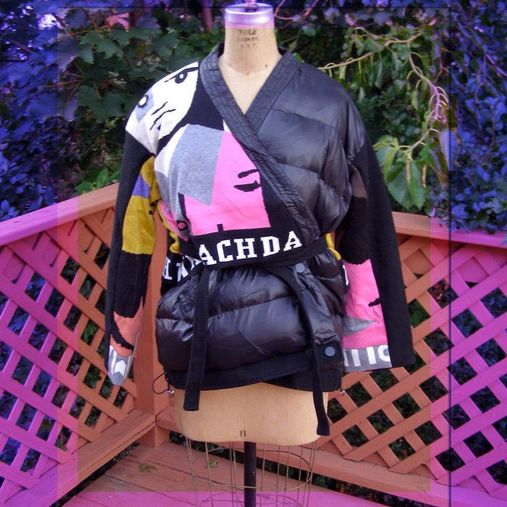 NEW size L/XL Kimono style mixed media puffer Jacket Anime comics w/belt